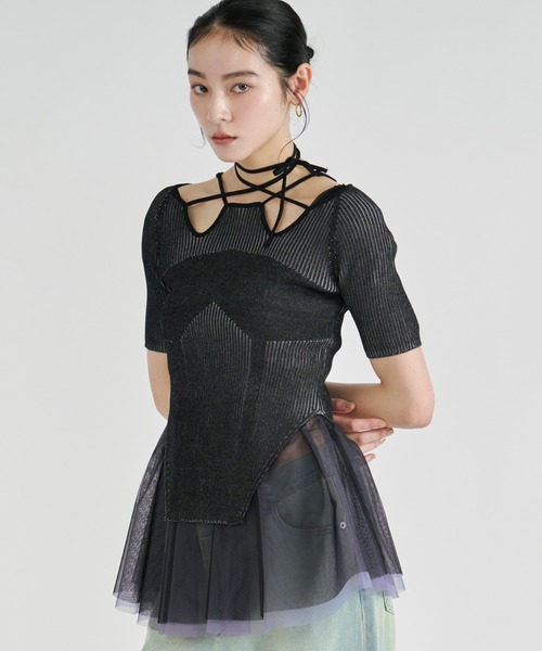 Ezick ニット セーター 2way design code neck イレリブ配色トップス