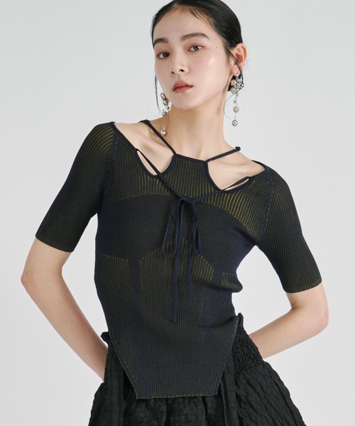 Ezick ニット セーター 2way design code neck イレリブ配色トップス