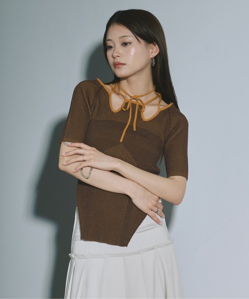 ニット セーター COLOR LINE  BACK LOGO KNIT TOPS/カラーライン バックロゴトップス レディース HUG.U SALE ニット ロゴニット シアー 透かし編み 薄手