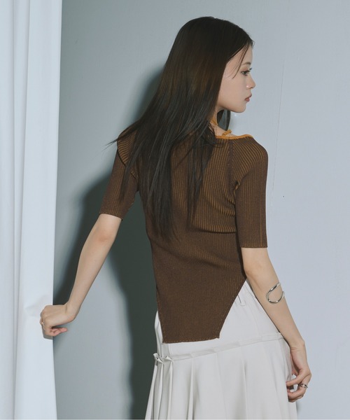 ニット セーター 2wayリブニットトップス レディース Ezick ニット セーター 2way design code neck イレリブ配色