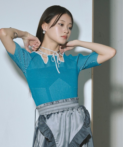 Ezick ニット セーター 2way design code neck イレリブ配色