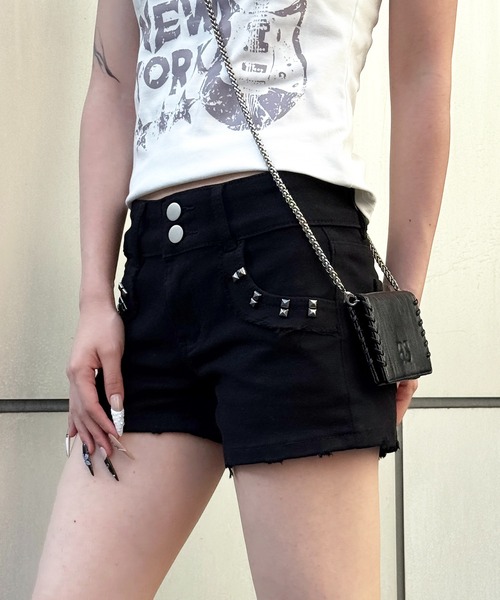 x*x様 d.i.a ブラックデニムショートパンツ スタッズ付き ジッパー付き lilful ジーンズ デニム デニムパンツ お気に入り数3万人突破！/累計