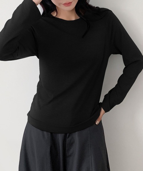 PUTUMAYO 長袖 カットソー 黒 LOWO tシャツ カシミヤ混コットンロンT｜しっとり柔らか・ストレス