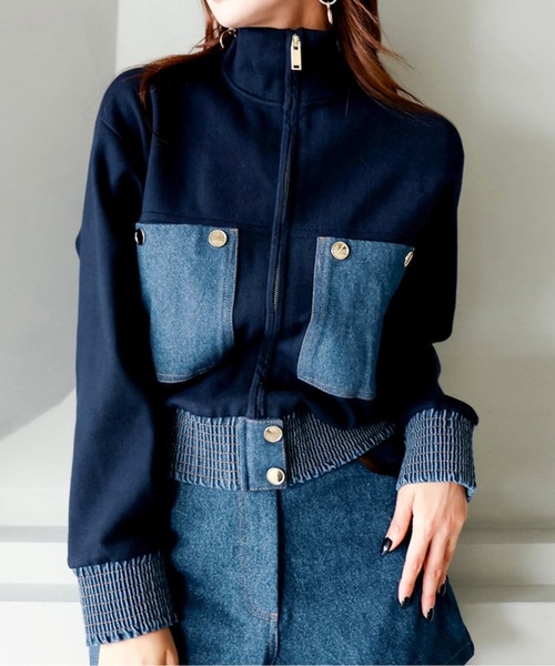 ブルゾン アウター バイカラージップアップデニムブルゾン レディース