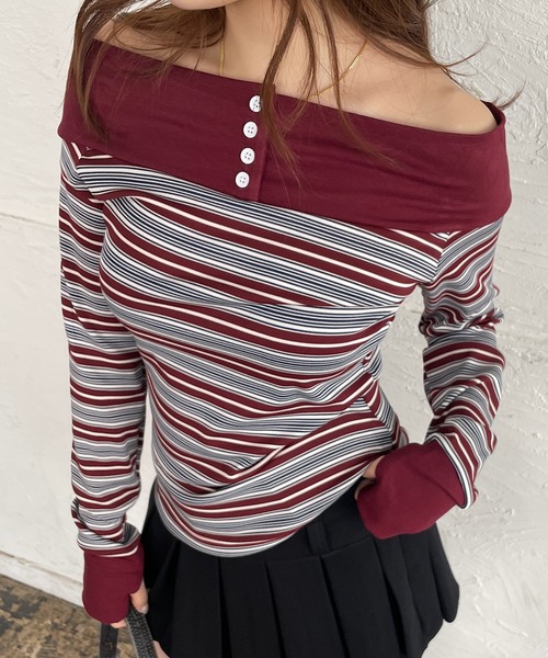 人気 マルチボーダーオフショル Roger&Raw（ロジャーアンドロウ） tシャツ マルチボーダーオフショル