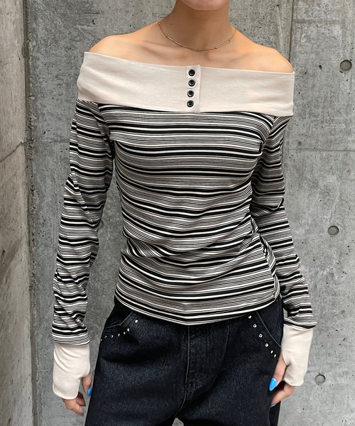 人気 マルチボーダーオフショル セール】マルチボーダーオフショルトップス（Tシャツ/カットソー