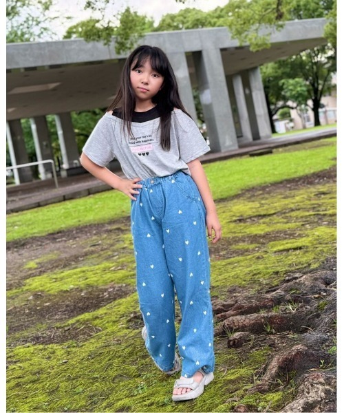 ワイドパンツ パンツ ハート刺しゅうデニムワイドパンツ キッズ 子供服