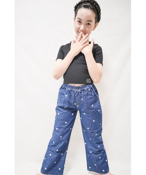 ワイドパンツ パンツ ハート刺しゅうデニムワイドパンツ キッズ 子供服