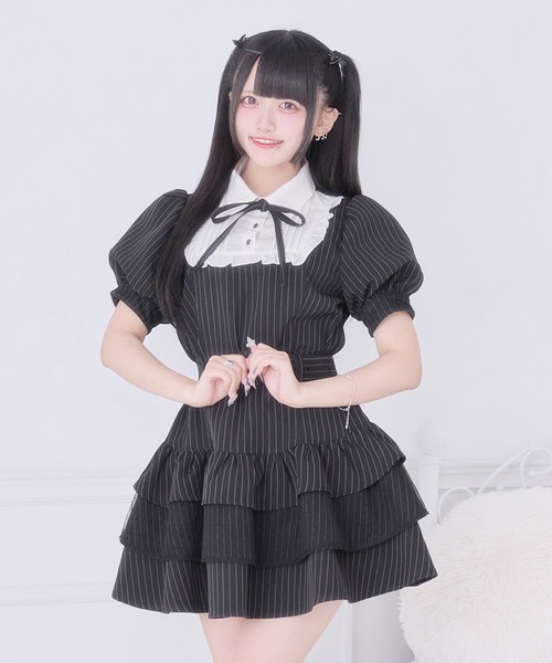 Pal elfy ワンピース 半袖 リボン付きドットチュールティアード