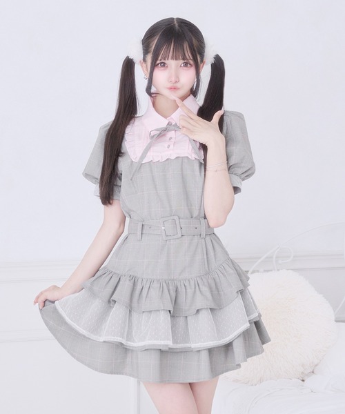 ♡Pal elfy リボン付きドットチュールティアードワンピース ♡ Pal elfy ワンピース 半袖 リボン付きドットチュールティアード