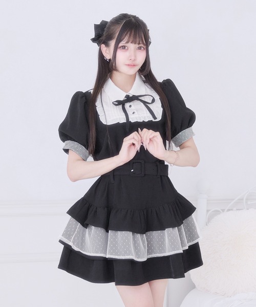 Pal elfy パルエルフィー グレー ドットチュールティアードワンピース Pal elfy ワンピース リボン付きドットチュールティアードワンピース