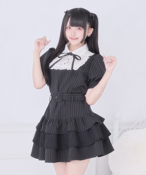 Palelfy リボン付きドットチュールティアードワンピ Pal elfy ワンピース 半袖 リボン付きドットチュールティアード