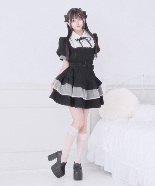 Pal elfy ワンピース 半袖 リボン付きドットチュールティアード