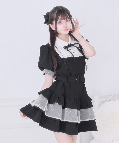 Palelfy　リボン付きドットチュールティアードワンピース Pal elfy ワンピース 半袖 リボン付きドットチュールティアード