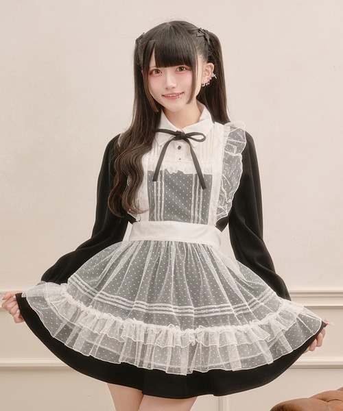 【Pal elty】リボン付きドットチュールティアードワンピース【グレー】 Pal elfy ワンピース 半袖 リボン付きドットチュールティアード