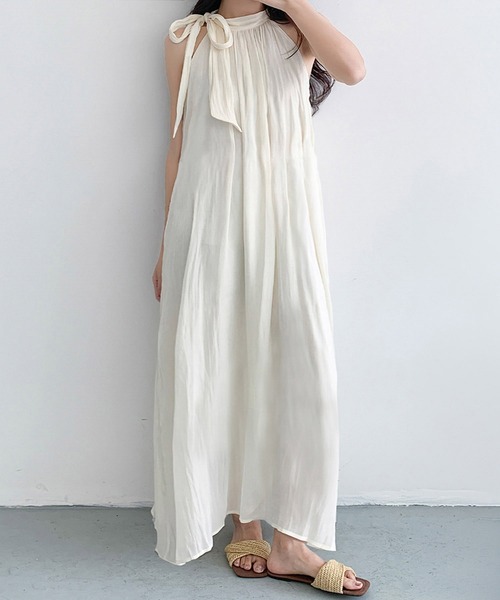 LOWO ワンピース シャイニーホルターネックリボンギャザーAライン