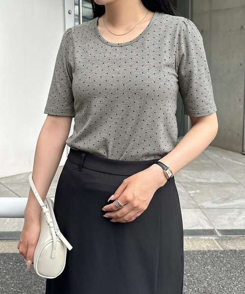 andme（アンドミー） tシャツ 半袖 ドット柄パフスリーブ半袖トップス