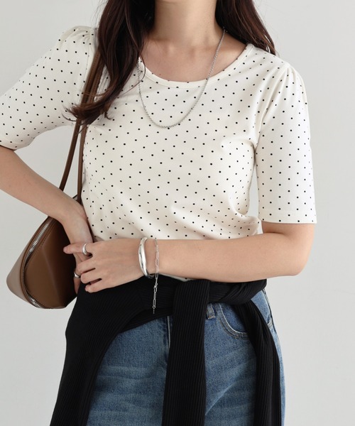 andme（アンドミー） tシャツ 半袖 ドット柄パフスリーブ半袖トップス