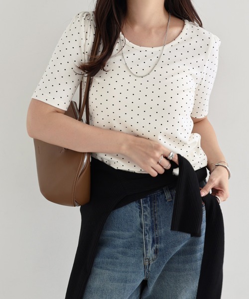 S*様 新品Heve パフスリーブ トップス 半袖 andme（アンドミー） tシャツ 半袖 ドット柄パフスリーブ半袖トップス