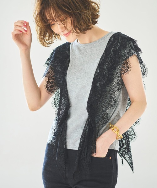 tシャツ 洗える ｜ スウィングレースフレンチスリーブTシャツ ｜ 半袖 トップス 体型カバー レース オフィスカジュアル 通勤服 華やか カットソー
