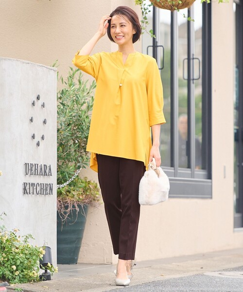 tシャツ 「UVカット・吸水速乾・洗える」ツイストプレーンバンドカラーチュニック丈 カットソー レディース 自由区 tシャツ 「UVカット・吸水速乾・洗える」ツイスト