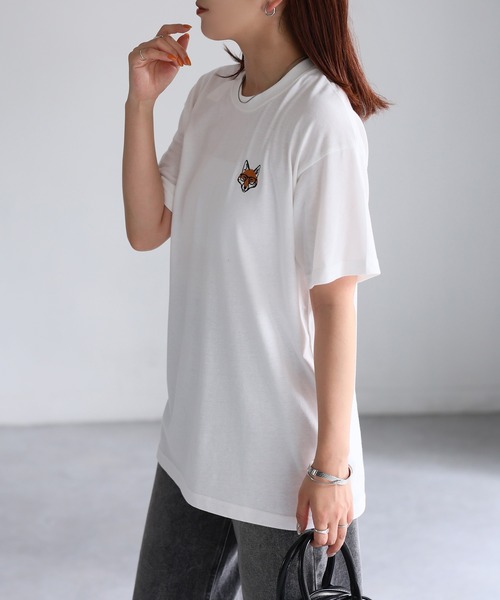 ッド 半袖Tシャツ 羊の刺繍 Riberry tシャツ めがねキツネ胸刺繍半袖Tシャツ レディース