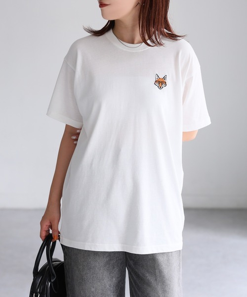 ッド 半袖Tシャツ 羊の刺繍 Riberry tシャツ めがねキツネ胸刺繍半袖Tシャツ レディース