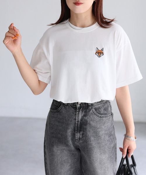 ぽむ未使用品45R半袖Tシャツ Riberry tシャツ めがねキツネ胸刺繍半袖Tシャツ レディース
