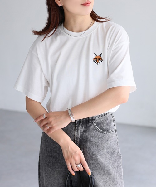 Riberry tシャツ めがねキツネ胸刺繍半袖Tシャツ レディース