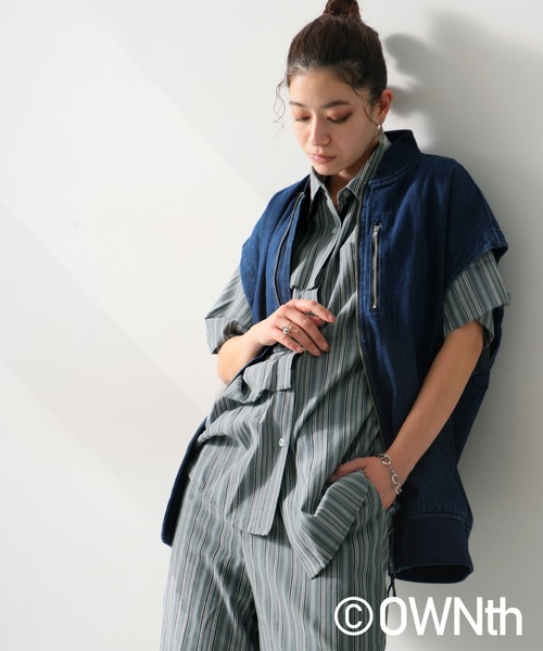 ブラウス シャツ アシメデザインストライプハーフスリーブシャツ レディース OWNth-オンス-】アシメデザインストライプハーフスリーブシャツ