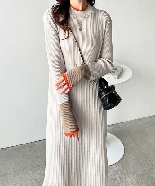 GeeRA（ジーラ） ワンピース 全骨格細見え！配色リブニットワンピース