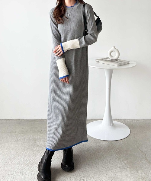 GeeRA（ジーラ） ワンピース 全骨格細見え！配色リブニットワンピース