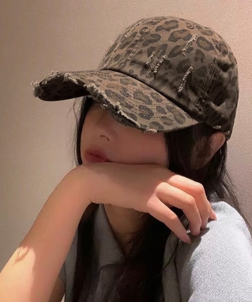 LADY LIKE キャップ 帽子 ダメージ加工レオパード柄キャップ