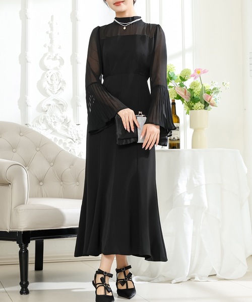 Lace Ladies ドレス プチハイネック プリーツスリーブ フレア