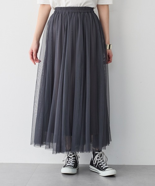 美品✨ANAYI チュールロングスカート　ネイビー 38号 anyfee ロング スカート 「anyfee/大きいサイズ」チュールスカート「低