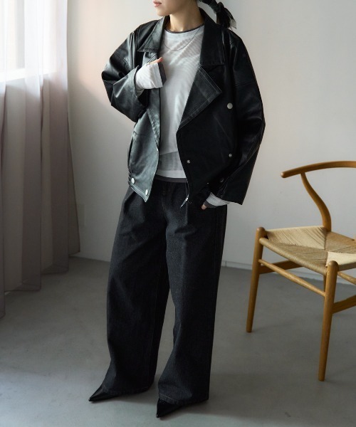 ラインレザーオーバージャケット 着用動画あり/WEB限定カラー】フェイクレザーオーバーブルゾン