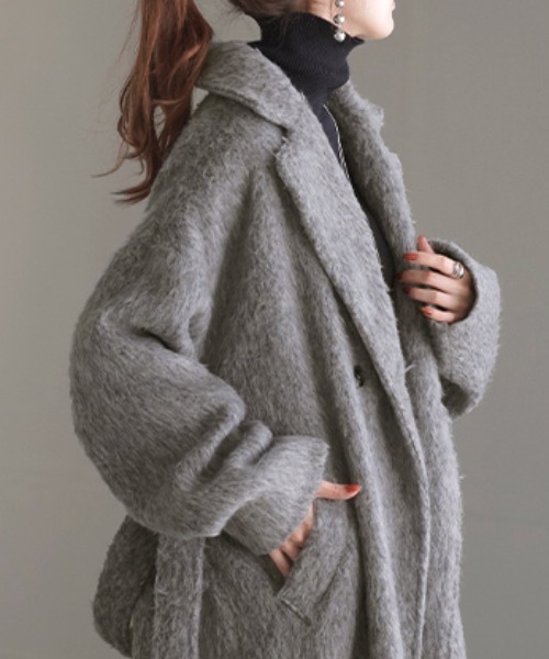 【新品】HUG.U シャギーチェスターコート、ロングコート HUG.U（ハグユー） コート チェスターコート シャギー レディース