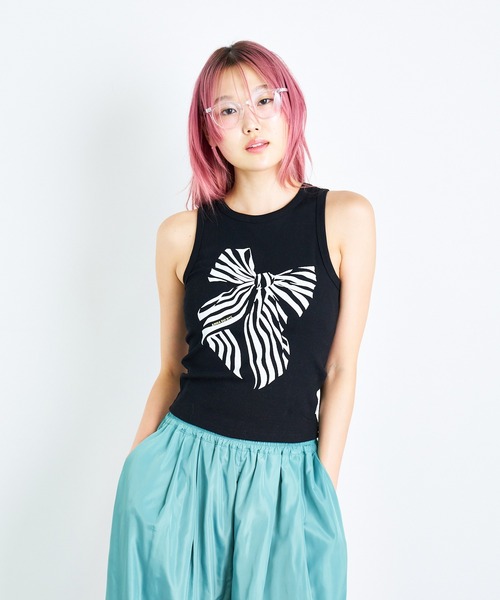 タンクトップ ノースリーブ Side Ribbon High Neck Knit Top /サイドリボンタンク レディース Songe タンクトップ ノースリーブ バッグリボンホルターネック