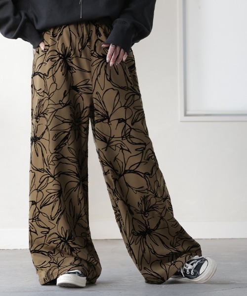 HUG.U（ハグユー） パンツ 花柄フロッキーワイドパンツ レディース