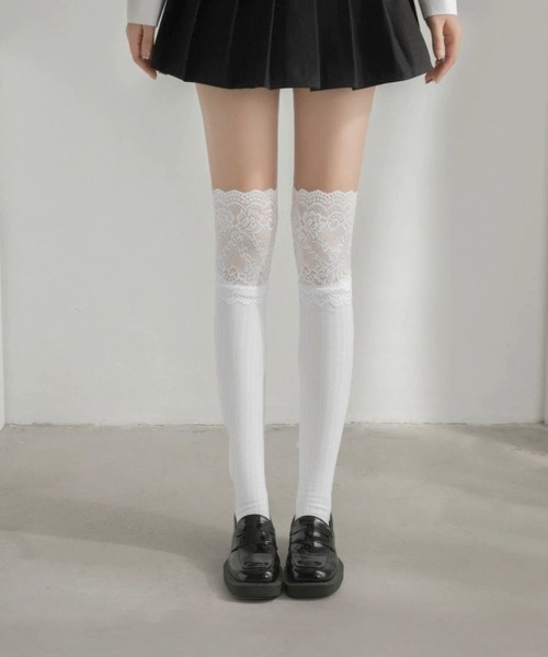 レースボーダー切り替えトップス＆スカート＆サンバイザー＆ソックス リボンレース切替ニーハイソックス(23-25cm)｜WEGO（ウィゴー） – WEGO