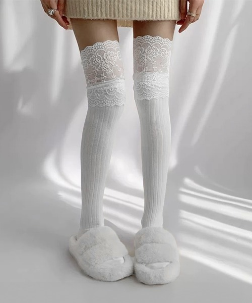 miniministore 靴下 ニーハイソックス花柄レース切り替え靴下