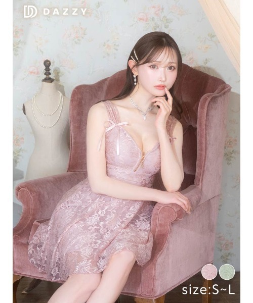 オールフラワーレースジップリボンノースリーブAラインミニドレス ピンク DAZZY ドレス オールフラワーレース ジップリボン ノースリーブ