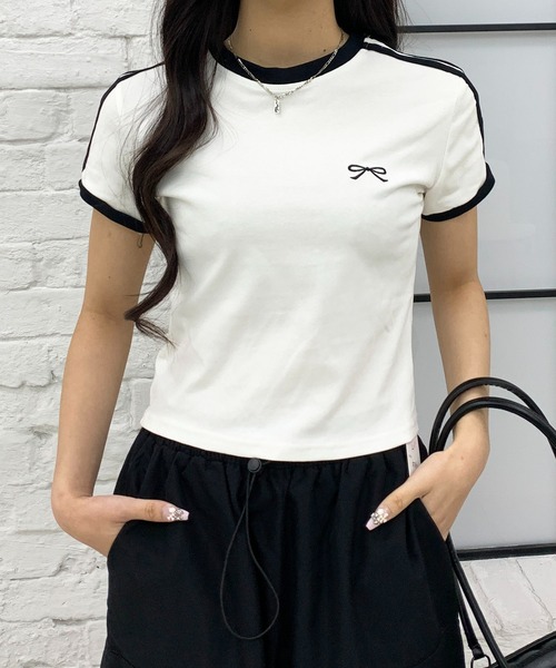 lilful tシャツ サイドライン リボン刺繍 スポーティー リンガー半袖