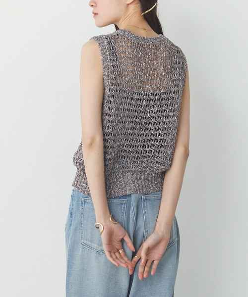ベスト ジレ 透かし編みフリンジニットタンクトップ レディース hunch ベスト ジレ 透かし編み ゆるニットタンクトップ