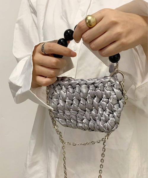 ハンドバッグ カラービーズハンドル×チェーン紐編みミニバッグ