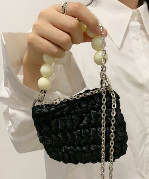 ハンドバッグ カラービーズハンドル×チェーン紐編みミニバッグ