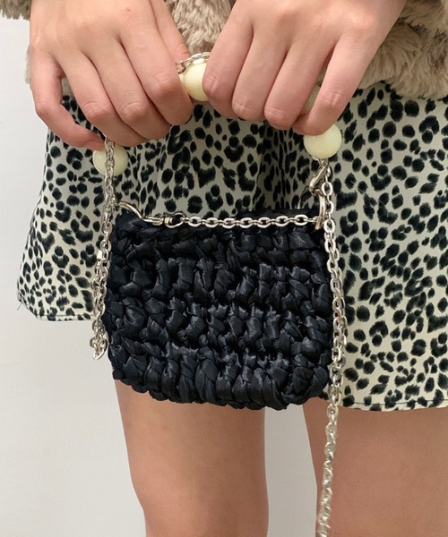 ハンドバッグ カラービーズハンドル×チェーン紐編みミニバッグ