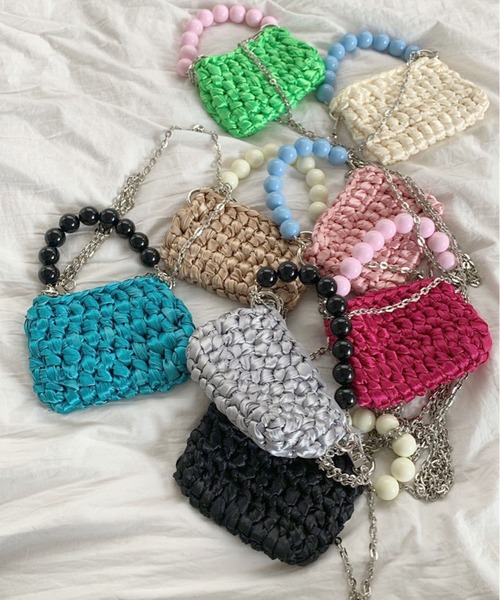 ハンドバッグ カラービーズハンドル×チェーン紐編みミニバッグ