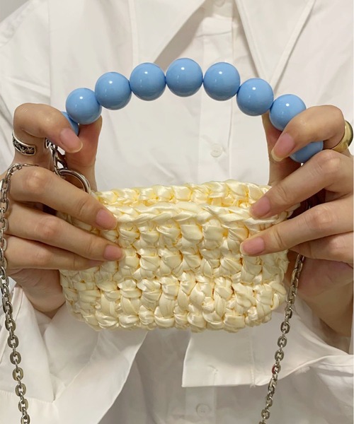 ハンドバッグ カラービーズハンドル×チェーン紐編みミニバッグ