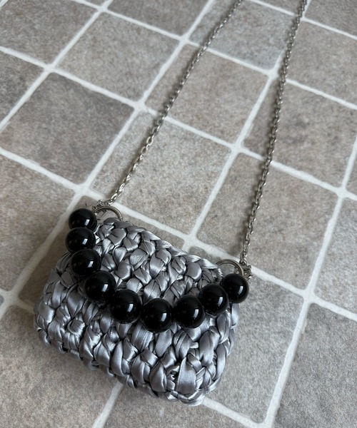 ハンドバッグ カラービーズハンドル×チェーン紐編みミニバッグ